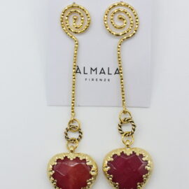 Orecchini a forma di cuore in ottone e pietra fucsia
