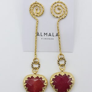 Orecchini a forma di cuore in ottone e pietra fucsia