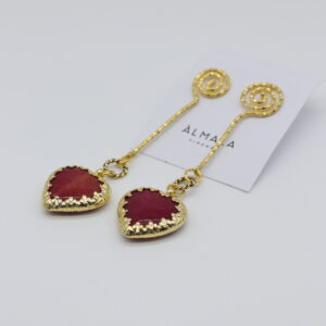 Orecchini a forma di cuore in ottone e pietra fucsia