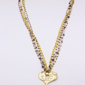 Collana Rosario Key Almala sui toni del giallo e viola con grossa ciondolo in ottone a forma di chiave realizzato a mano